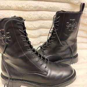 Tory Burch Black Leather Lace-Up Combat Boots with Logo
